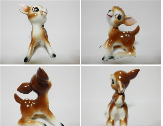 昭和レトロ 美品 陶器製 バンビ 兎 鹿 お座りポーズ 人形 置物 レトロ 陶器置物(バンビ2+ウサギ1)3個セット - 「宝の森
