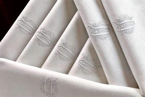 フランス製 アンティーク リネン ダマスク織テーブルクロス ナプキンセット