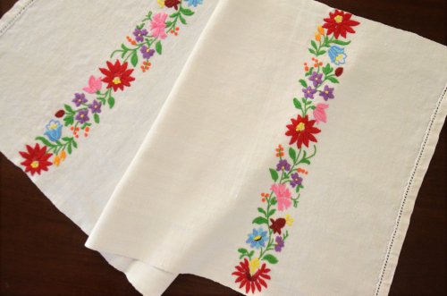 ハンガリー製 カロチャ刺繍の手織りリネンクロス - アンティーク 