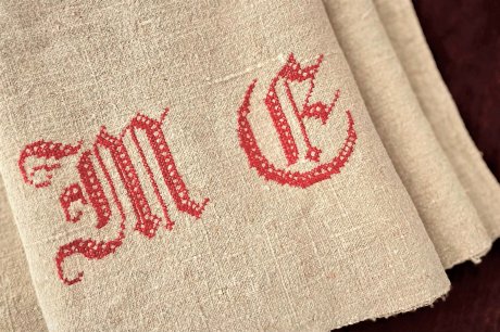 フランス製 19世紀の手織りシャンブルリネンシーツ イニシャル