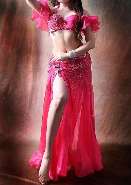 ベリーダンス衣装 オリエンタルコスチューム フラワー ピンク ブラ・ベルト・スカートset - ベリーダンス衣装セレクトショップ アナシア