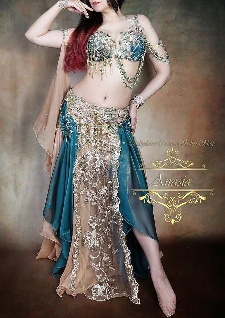 ベリーダンス衣装【Hoydaオリエンタル】 ベリーダンス衣装 HOYDA テールグリーン×ヴァニラベージュ