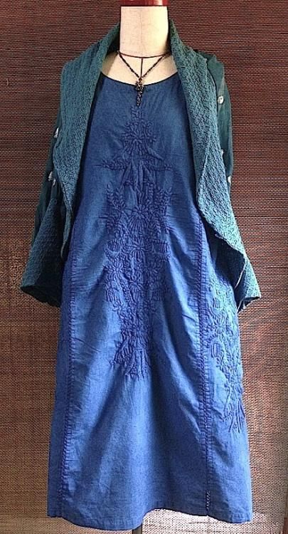 藍染め ラクノウ刺繍オールフラワーワンピース 藍染め ラクノウ刺繍オールフラワーワンピース