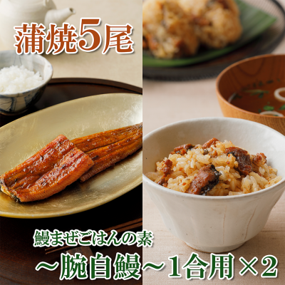 浜名湖うなぎ蒲焼5尾と鰻まぜごはんの素〜腕自鰻〜(1合用×2)詰合せ