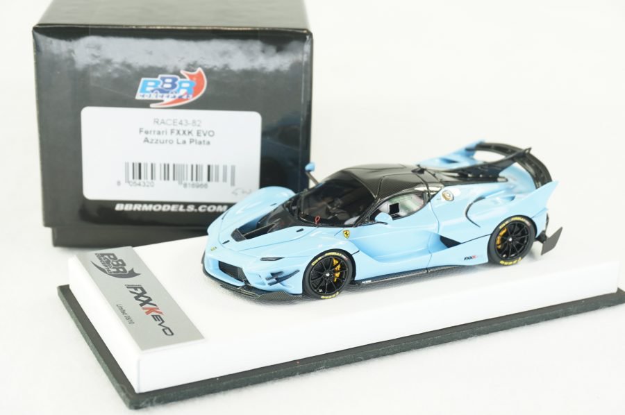 1/43 BBR Ferrari Fxxk Evo Azzurro La Plata blue with carbon fiber roof set  on white leather base - 【MR BBR MakeUp LOOKSMART D&Gなどのミニカー専門店】 ヴェルデ