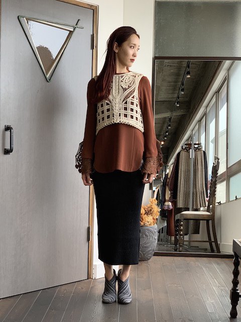 mamekurogouchi コード刺繍 スカート ブラウン-