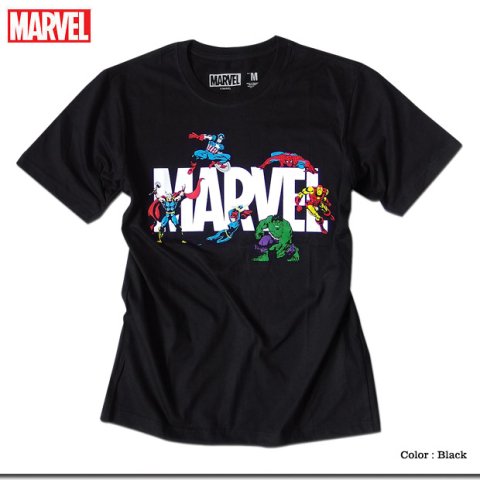 大人気アメコミブランドMARVEL（マーベル）の人気ヒーローが集結したロゴプリントTシャツ