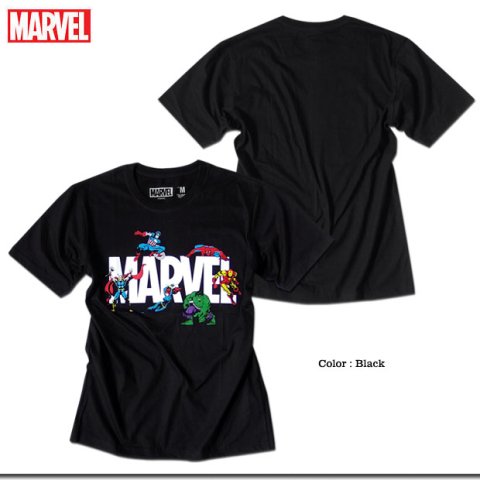 大人気アメコミブランドMARVEL（マーベル）の人気ヒーローが集結したロゴプリントTシャツ