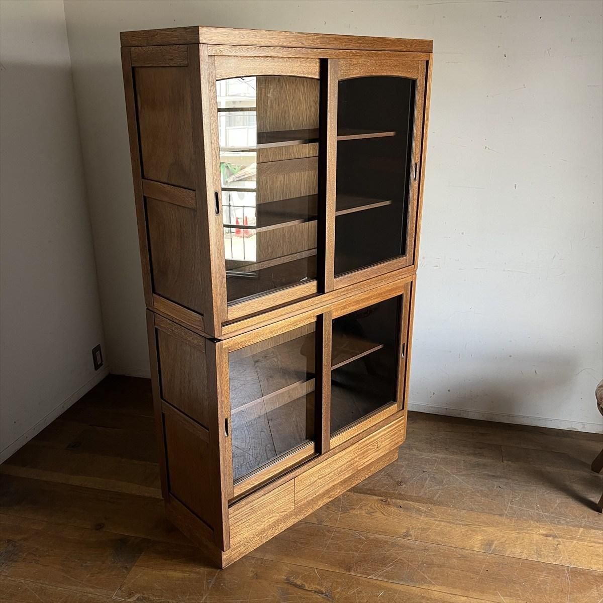 本箱　収納　ナラ材　ラワン材　総無垢材　食器棚　古家具　昭和レトロ　アンティーク 本箱 収納 ナラ材 ラワン材 総無垢材 食器棚 古家具 昭和レトロ