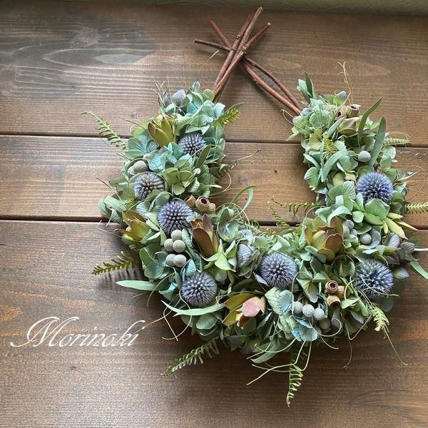 ハンドメイド ドライフラワーリース 秋色アジサイ 直径24×27 ハンドメイド ドライフラワーリース 秋色アジサイ 直径24×27