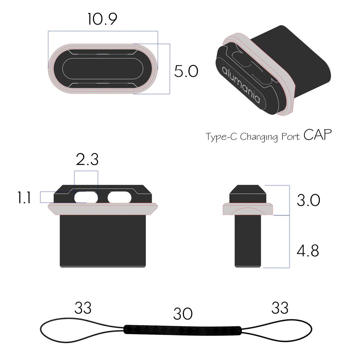 2種set　Type-C CHARGING PORT CAP for Mobile Phone USB-Cチャージングポートキャップ 充電ポート保護　タイプC 　ストラップ付き　Alumania