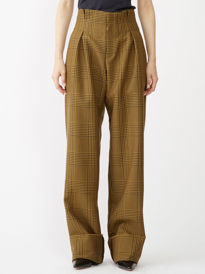 Cabana (カバナ) LONG TUCK PANTS ウールグレンチェック インプリーツ ワイドパンツ GLEN CHECK MUSTARD  PT01-E