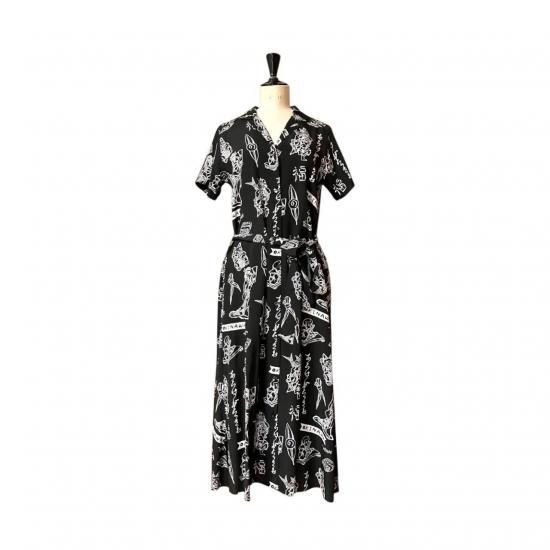 Aloha Blossom " Lucky " Shirt Dress / Black