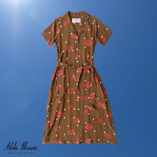 Aloha Blossom " Kiss " Shirts Dress / Brown (10th Anniversary Limited Item)