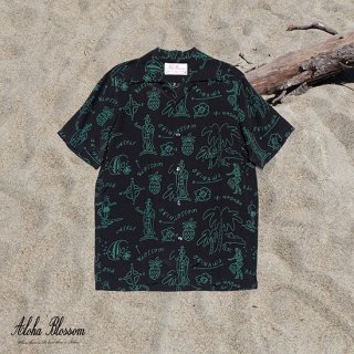 Aloha Blossom " Hawaiian " Aloha Shirts / Black Green
