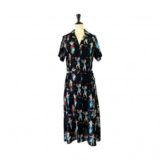 Aloha Blossom " Hula Girl " Shirt Dress Black