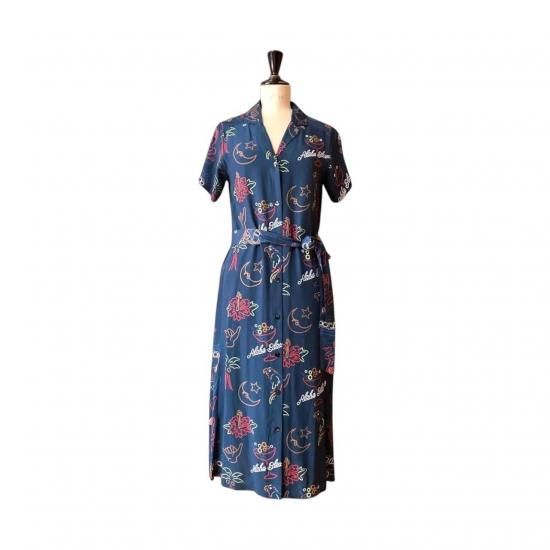 Aloha Blossom " Neon " Shirt Dress Navy