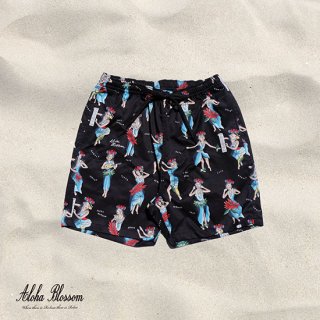 Aloha Blossom " Hula Girl Beach Shorts"  black