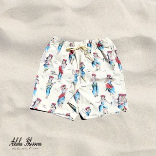 Aloha Blossom " Hula Girl Beach Shorts"  natural white