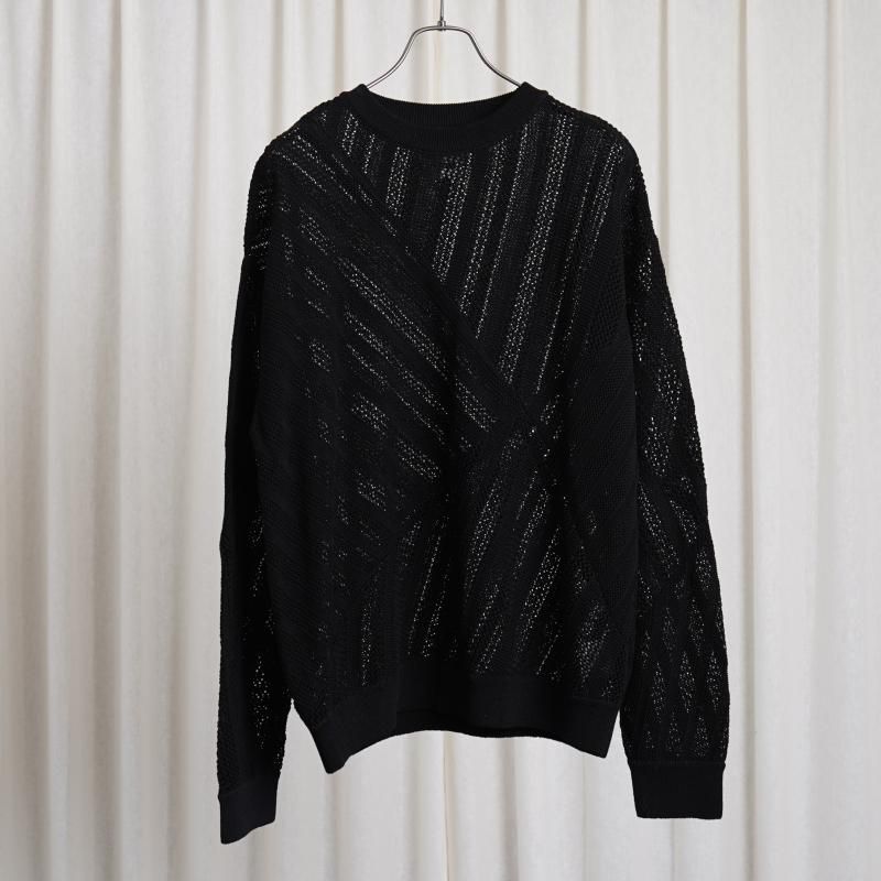 YOKE 衼 COTTON MESH STRIPE CREWNECK SWEATER / BLACK