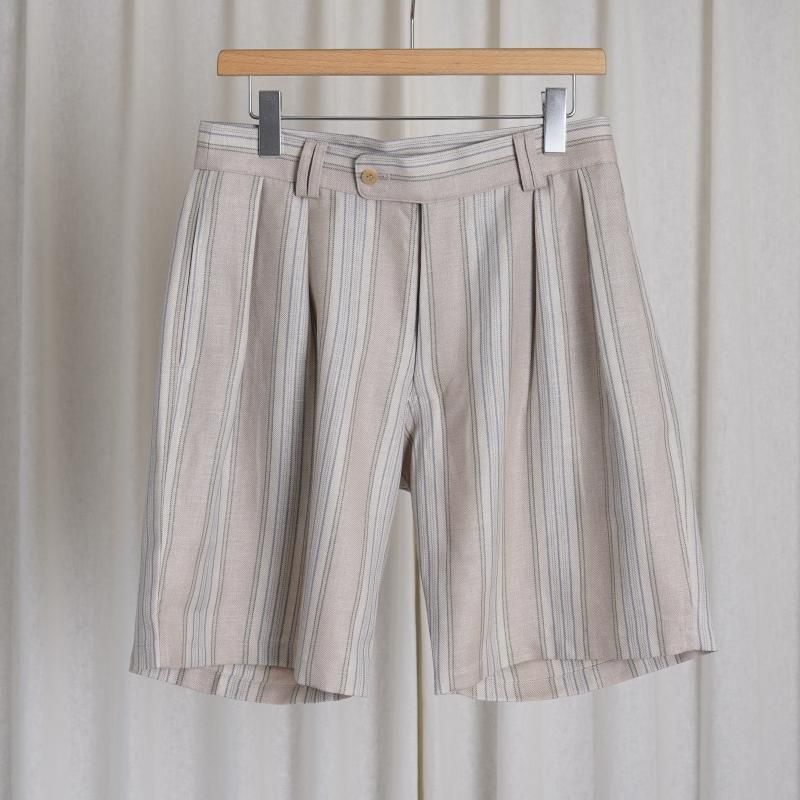 【Cale カル】 LINEN WOOL SILK 2 TUCK SHORTS / STRIPE