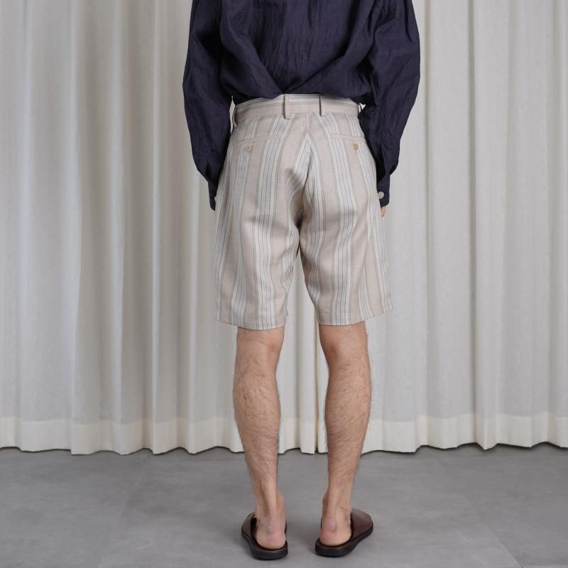 Cale   LINEN WOOL SILK 2 TUCK SHORTS / STRIPE