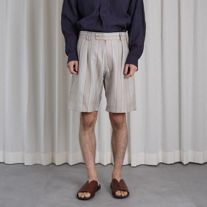 Cale   LINEN WOOL SILK 2 TUCK SHORTS / STRIPE