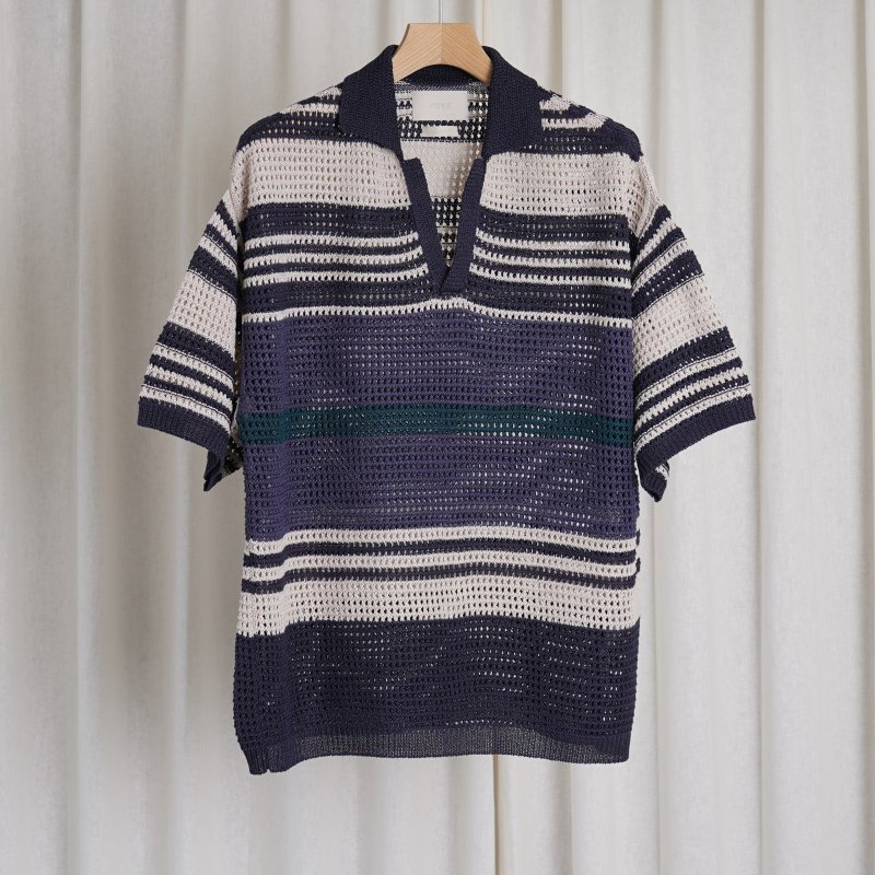 YOKE ヨーク】 BORDER MESH KNIT SKIPPER POLO SHIRT / NAVY×BEIGE - Avelia Online  Store