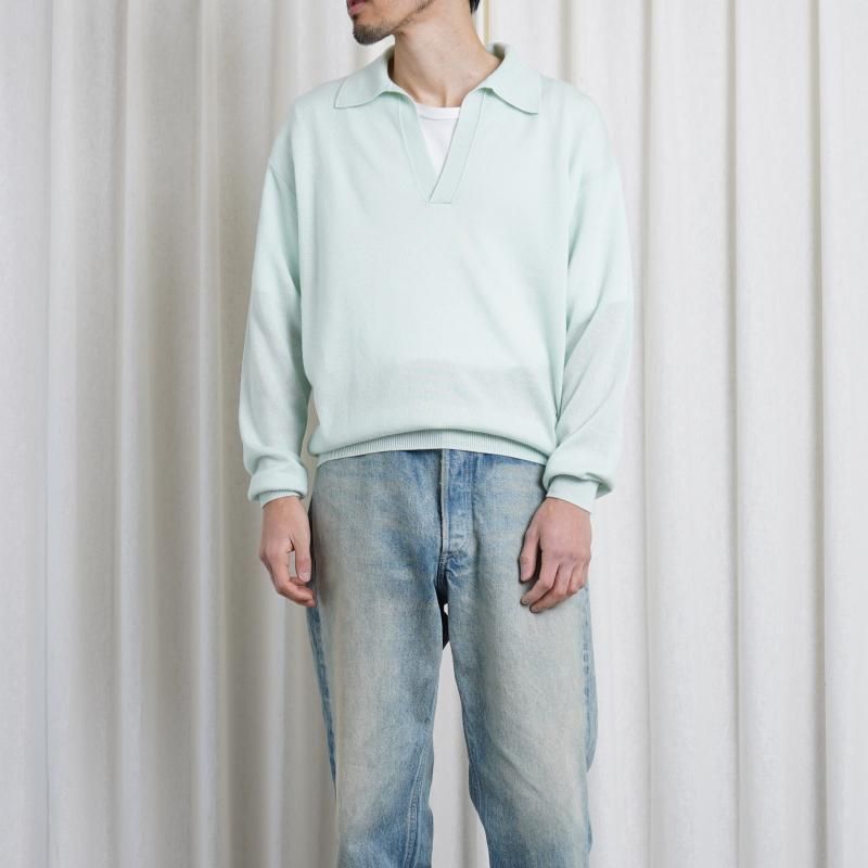 25S/SۡAURALEE ꡼SUPER FINE CASHMERE SILK KNIT SKIPPER POLO / WHITE GREEN