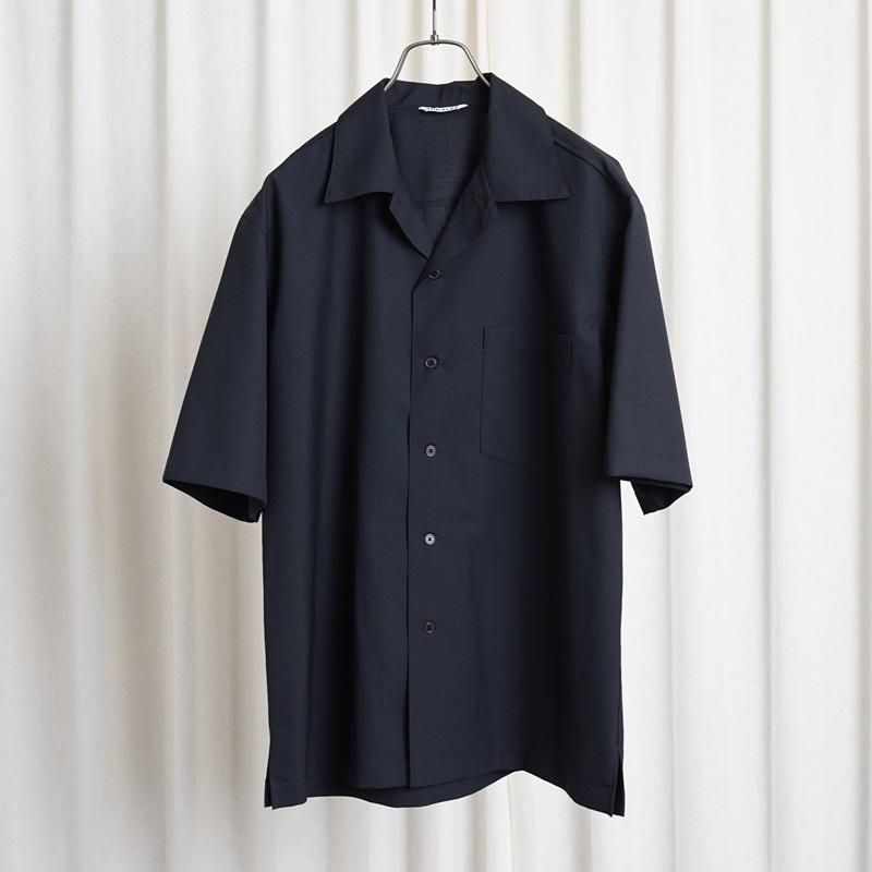 25S/SۡAURALEE ꡼ SUPER FINE TROPICAL WOOL OPEN COLLAR HALF SLEEVED SHIRT / TOP DARK NAVY
