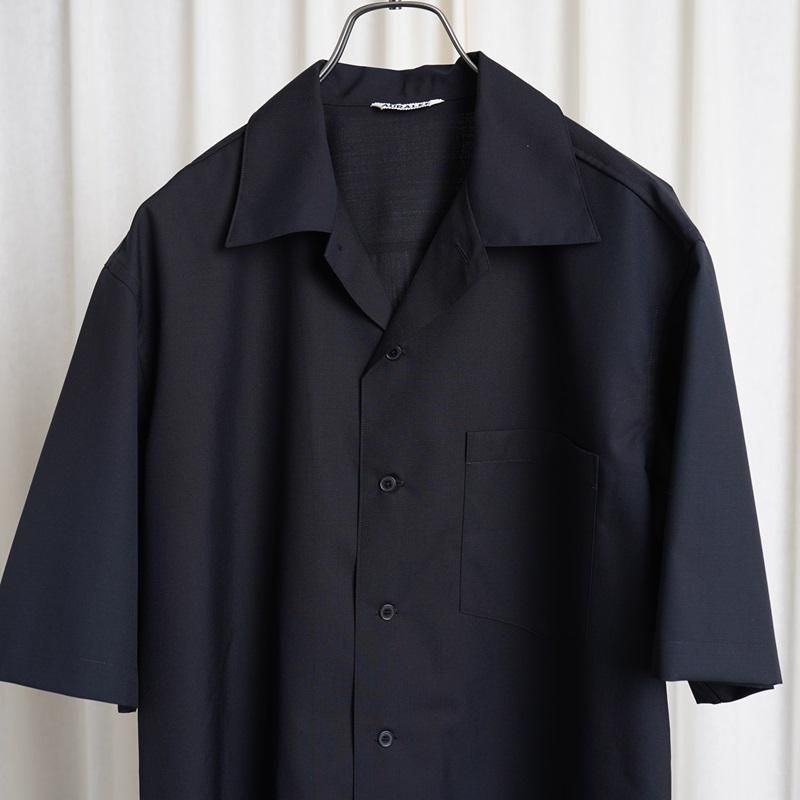 25S/SۡAURALEE ꡼ SUPER FINE TROPICAL WOOL OPEN COLLAR HALF SLEEVED SHIRT / TOP DARK NAVY
