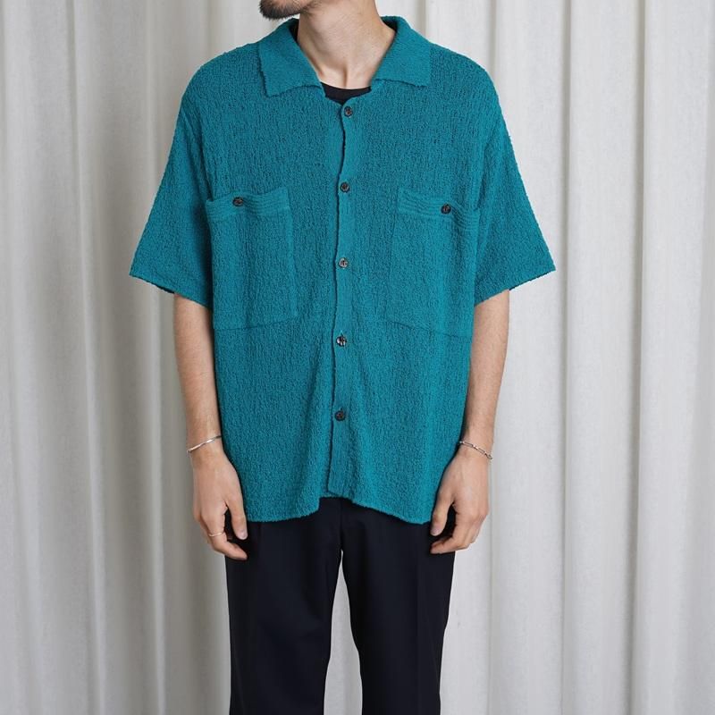 25S/SۡYOKE 衼 COTTON SHEER KNIT OPEN COLLAR SHIRT / TEAL GREEN