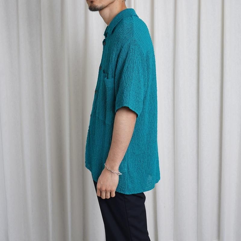 25S/SۡYOKE 衼 COTTON SHEER KNIT OPEN COLLAR SHIRT / TEAL GREEN