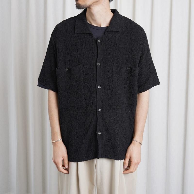 25S/SۡYOKE 衼 COTTON SHEER KNIT OPEN COLLAR SHIRT / BLACK