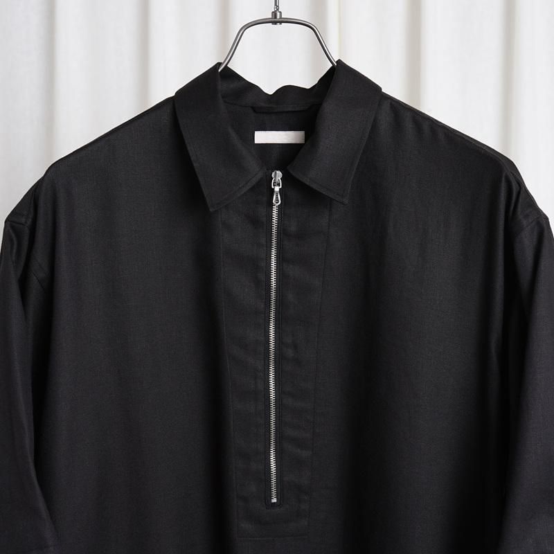 25S/SۡULTERIOR ƥꥢ RAYON LINEN TWILL HALF-ZIP SHIRT / BLACK