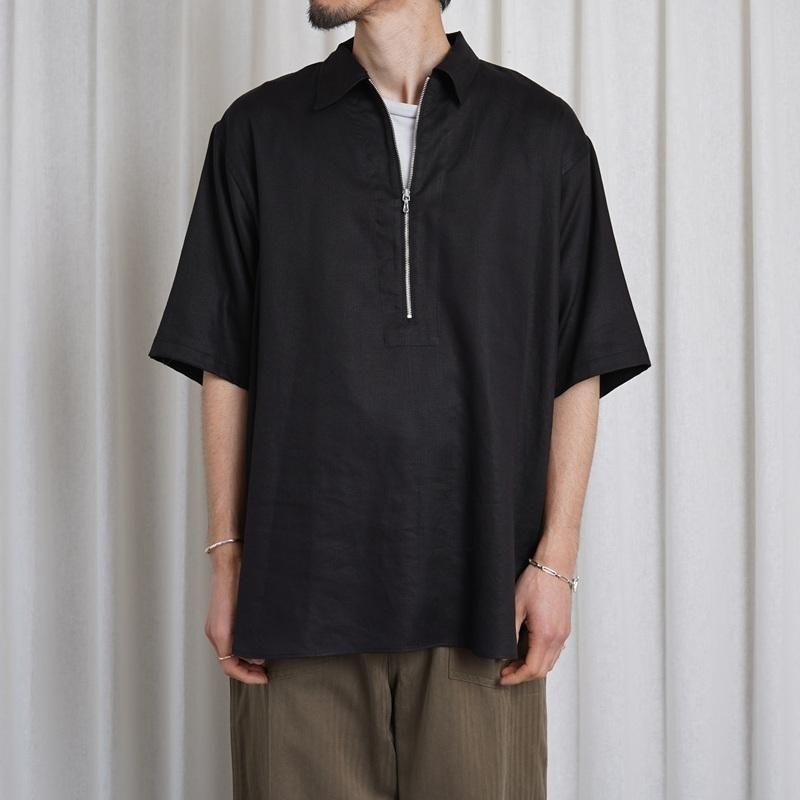 25S/SۡULTERIOR ƥꥢ RAYON LINEN TWILL HALF-ZIP SHIRT / BLACK