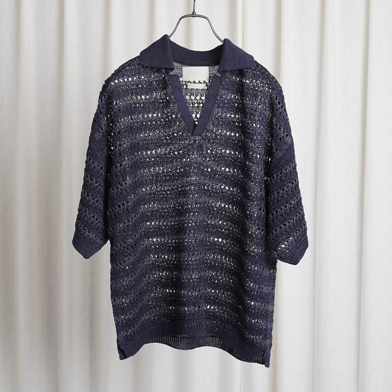 25S/SۡYOKE 衼 BORDER MESH KNIT SKIPPER POLO SHIRT / NAVY