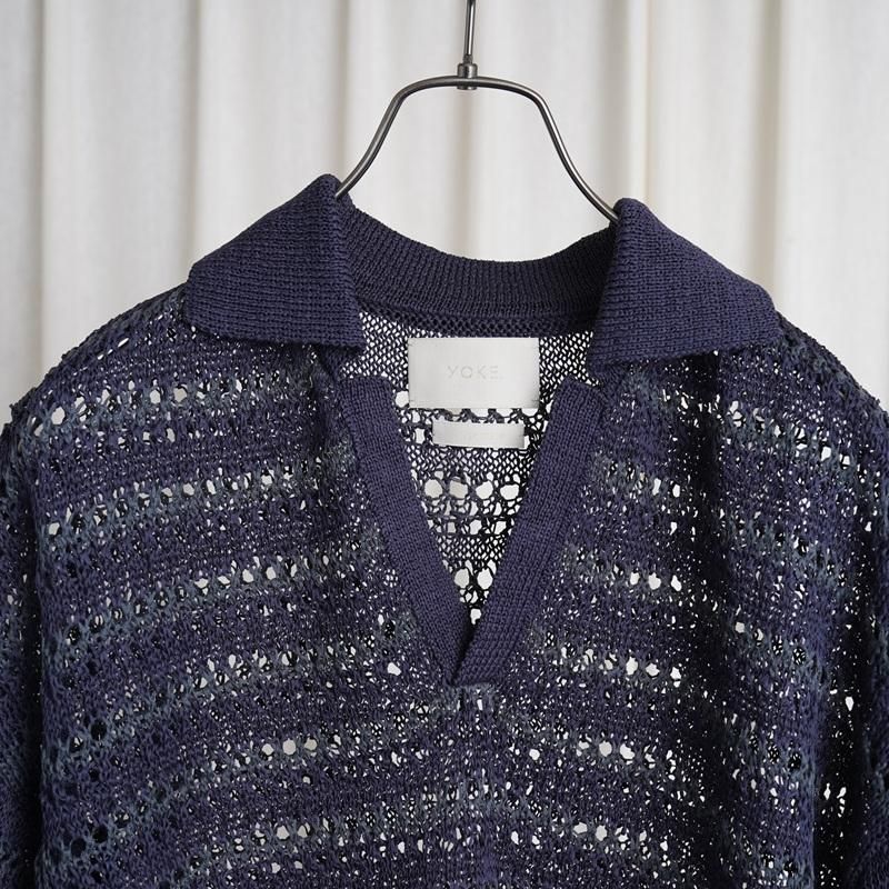 25S/SۡYOKE 衼 BORDER MESH KNIT SKIPPER POLO SHIRT / NAVY