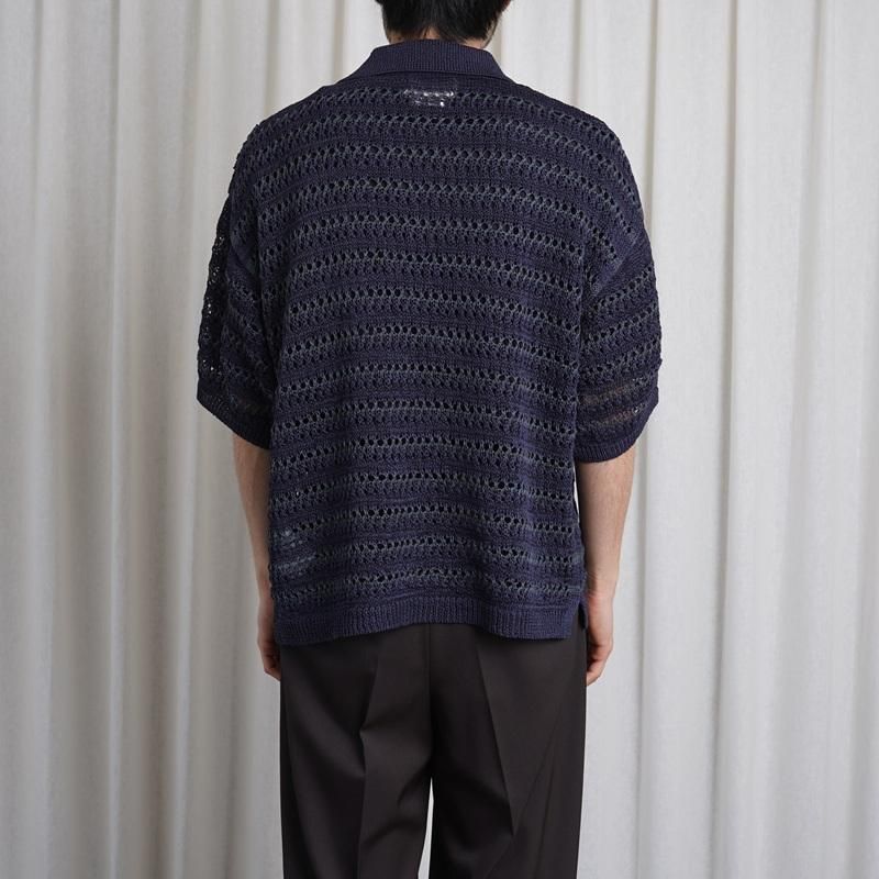 25S/SۡYOKE 衼 BORDER MESH KNIT SKIPPER POLO SHIRT / NAVY