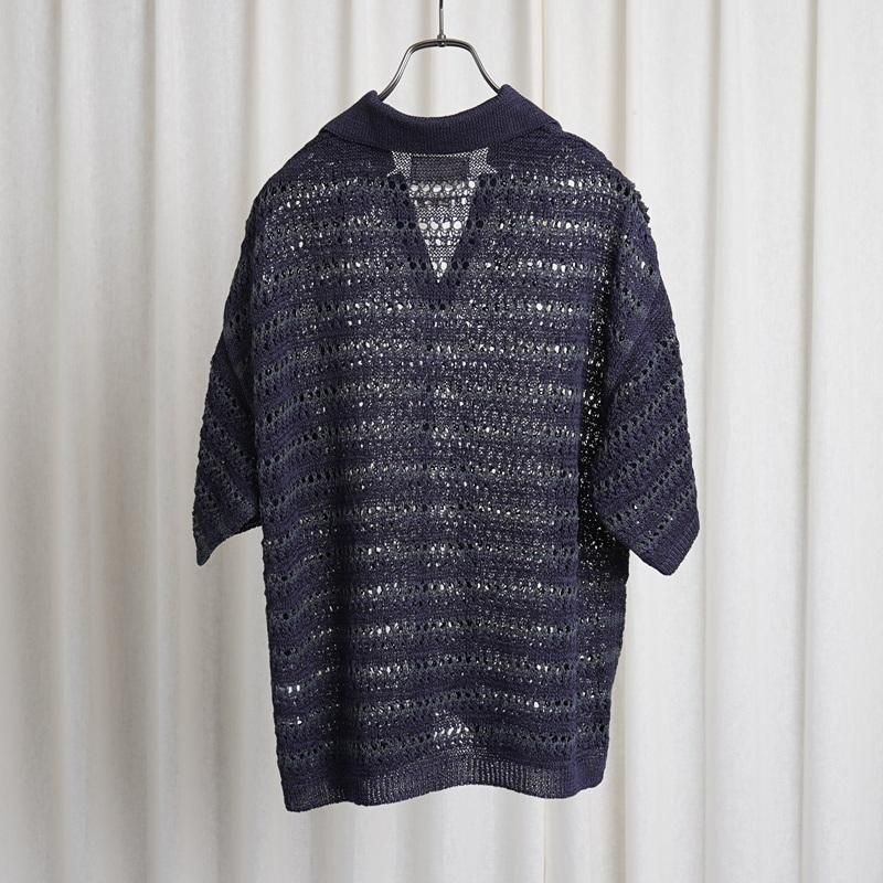25S/SۡYOKE 衼 BORDER MESH KNIT SKIPPER POLO SHIRT / NAVY