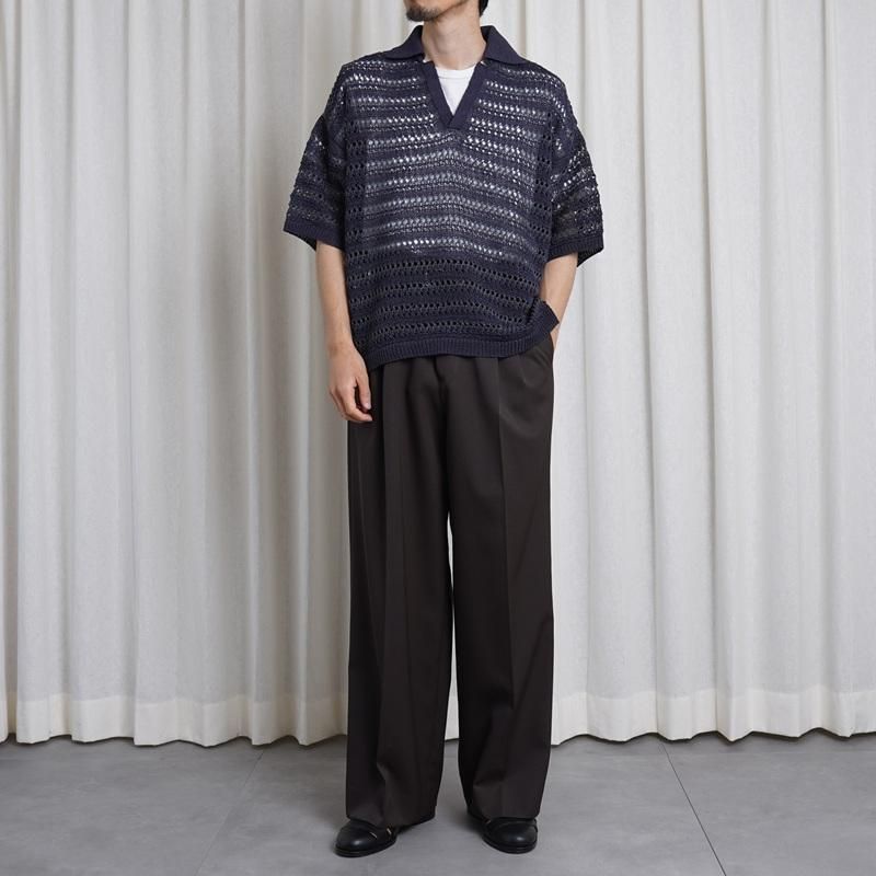 25S/SۡYOKE 衼 BORDER MESH KNIT SKIPPER POLO SHIRT / NAVY