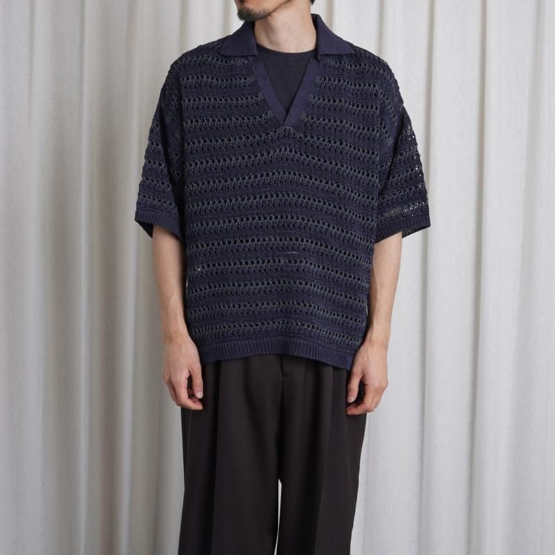 25S/SۡYOKE 衼 BORDER MESH KNIT SKIPPER POLO SHIRT / NAVY
