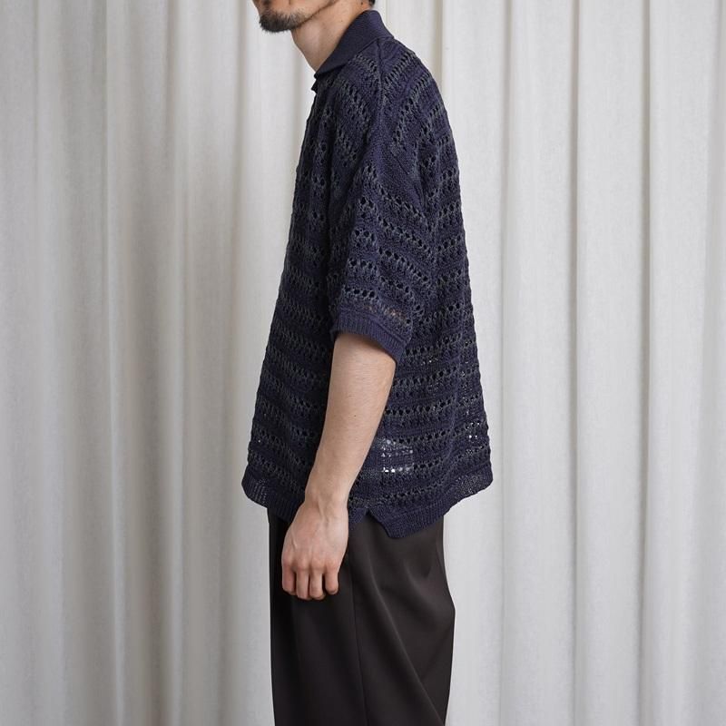 25S/SۡYOKE 衼 BORDER MESH KNIT SKIPPER POLO SHIRT / NAVY