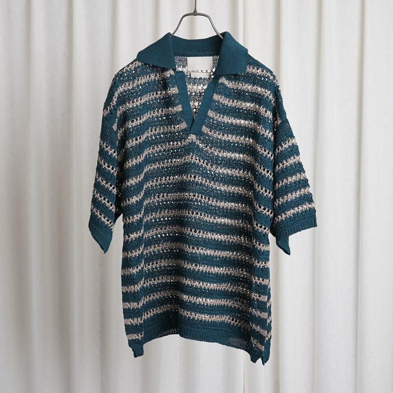 【25S/S】【YOKE ヨーク】 BORDER MESH KNIT SKIPPER POLO SHIRT / PEACOCK GREEN