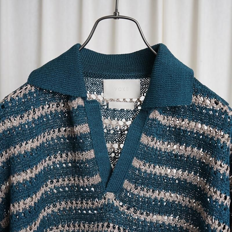 25S/SۡYOKE 衼 BORDER MESH KNIT SKIPPER POLO SHIRT / PEACOCK GREEN