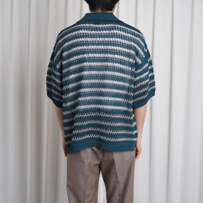 25S/SۡYOKE 衼 BORDER MESH KNIT SKIPPER POLO SHIRT / PEACOCK GREEN