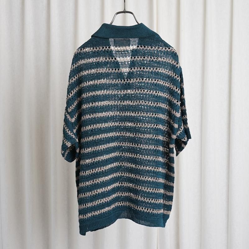 25S/SۡYOKE 衼 BORDER MESH KNIT SKIPPER POLO SHIRT / PEACOCK GREEN