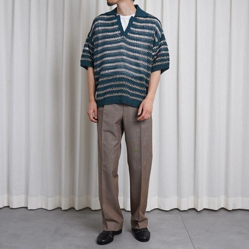 25S/SۡYOKE 衼 BORDER MESH KNIT SKIPPER POLO SHIRT / PEACOCK GREEN