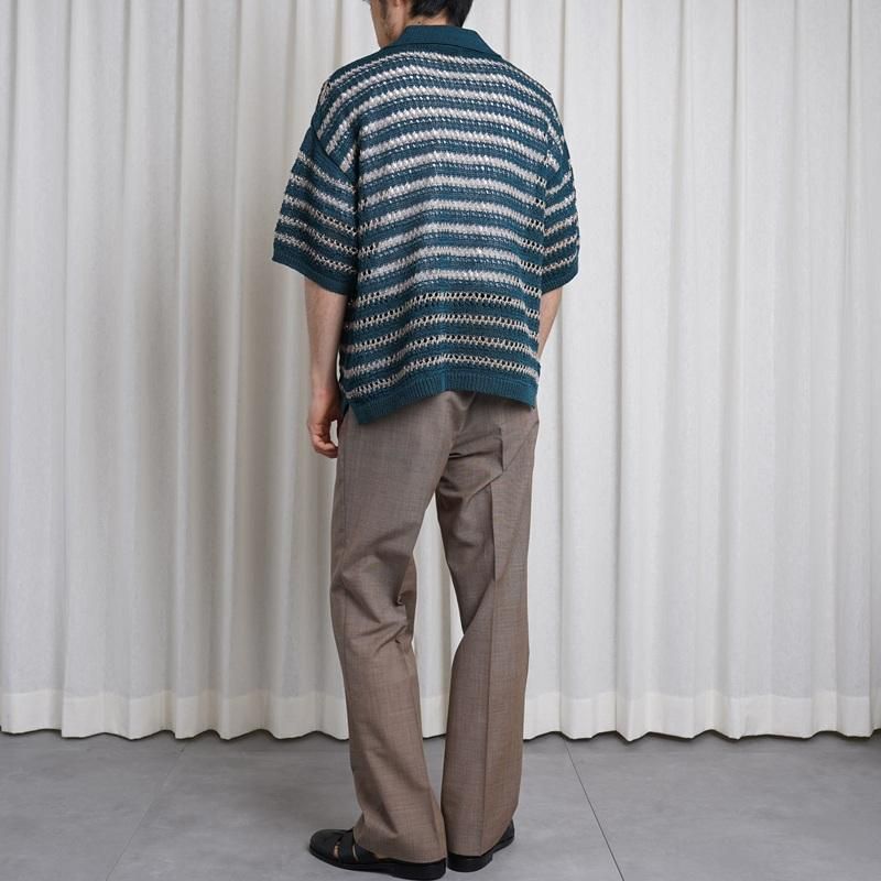 25S/SۡYOKE 衼 BORDER MESH KNIT SKIPPER POLO SHIRT / PEACOCK GREEN