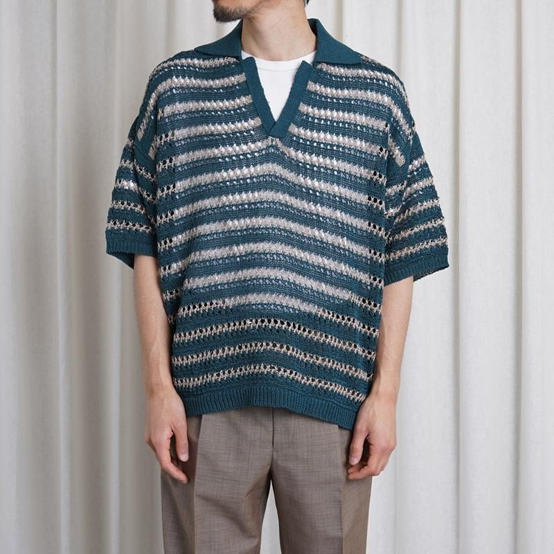 25S/SۡYOKE 衼 BORDER MESH KNIT SKIPPER POLO SHIRT / PEACOCK GREEN